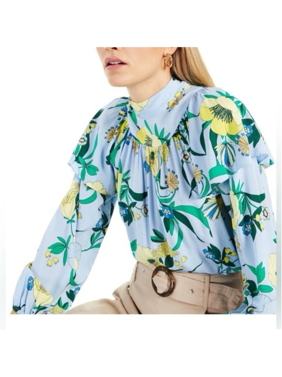 INC International Concepts Tops - INC Light Blue Floral Long Sleeve Tie Neck Wear To Work Women Blouse Size XL